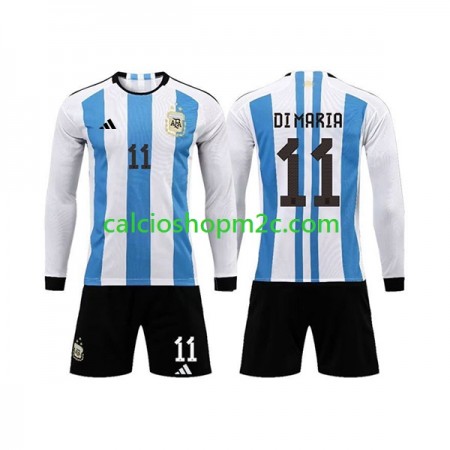 Argentina 3 Stars Di Maria 11 Bambino Maglia Prima World Cup 2022 Manica Lunga (+ Pantaloncini)